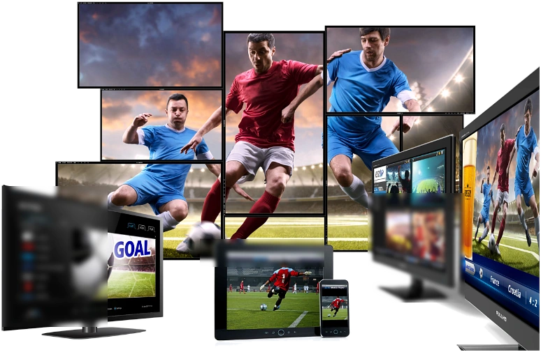 Live sport playing at once on a TV, a monitor, a laptop, a tablet and a phone